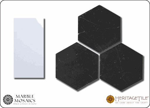 Honed marble 3" hexagon Sample Card in 'Jet Black'