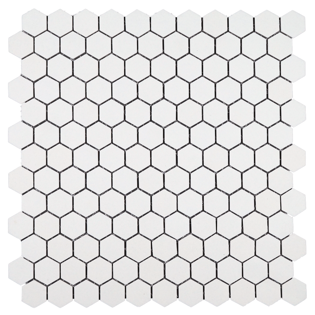 1" unglazed porcelain hexagon mosaic in 'Arctic White' - Mesh Mounted