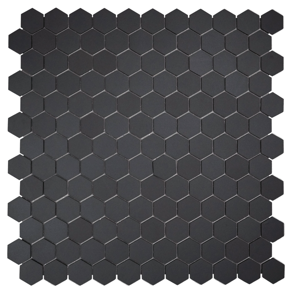 1" unglazed porcelain hexagon mosaic in 'Charcoal' - Mesh Mounted