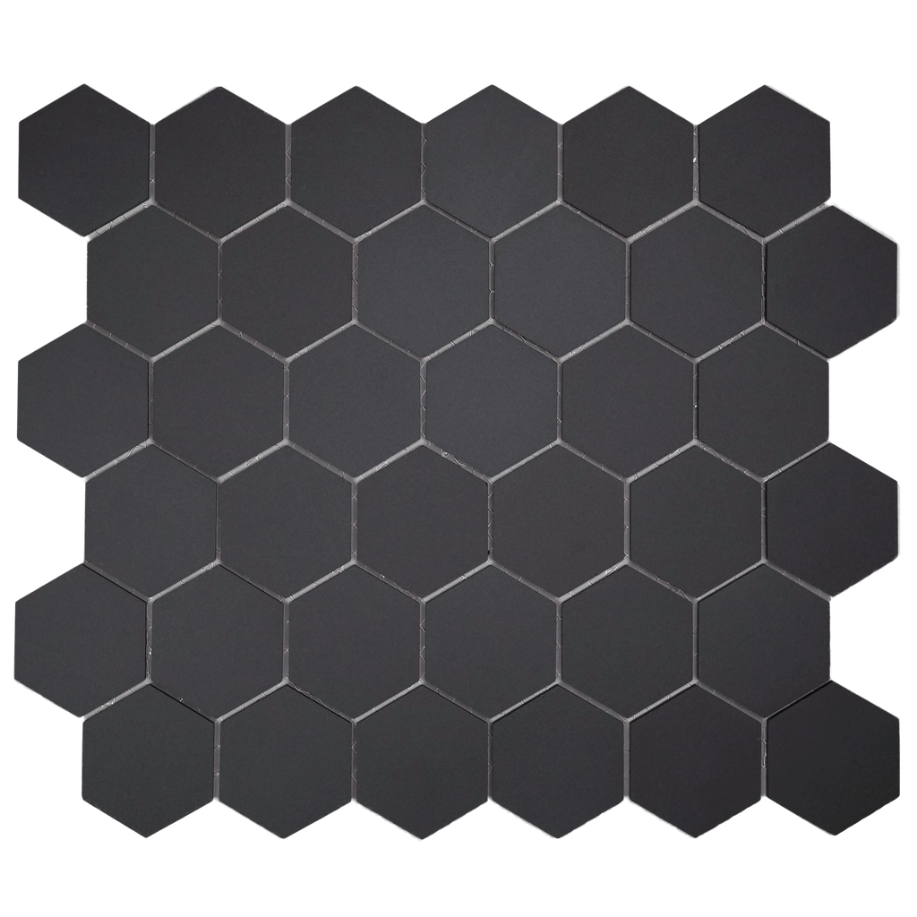 2" unglazed porcelain hex mosaic in 'Charcoal' - Mesh Mounted