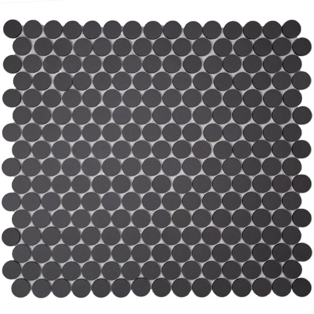 3/4" unglazed porcelain penny round mosaic in 'Charcoal' - Mesh Mounted