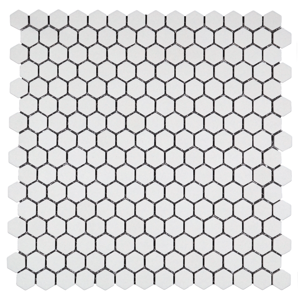 3/4" unglazed porcelain hex mosaic in 'Arctic White'