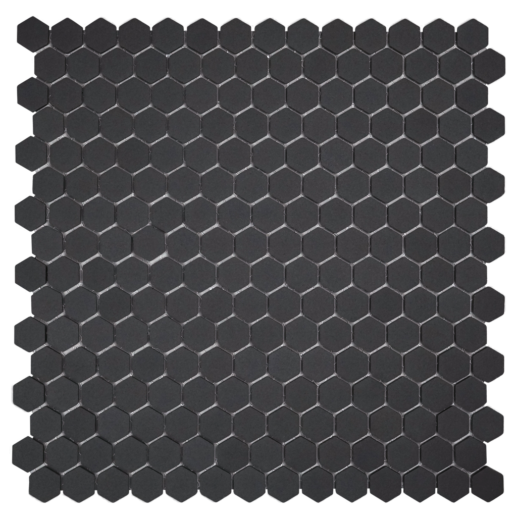 3/4" unglazed porcelain hexagon mosaic in 'Charcoal' - Mesh Mounted